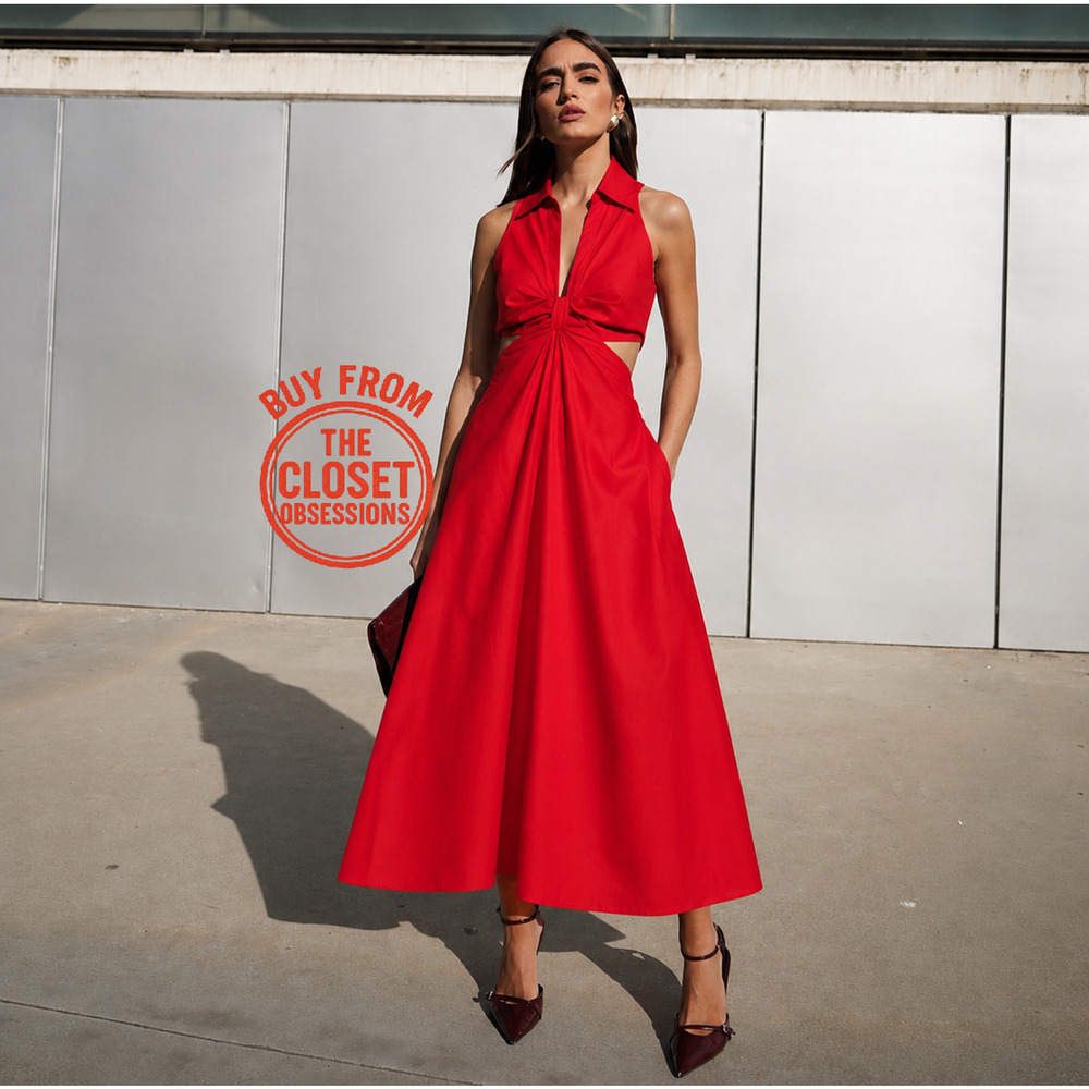 Mango NWT Red Cotton Cutout A-Line Maxi Dress 6 8 - Picture 3 of 16